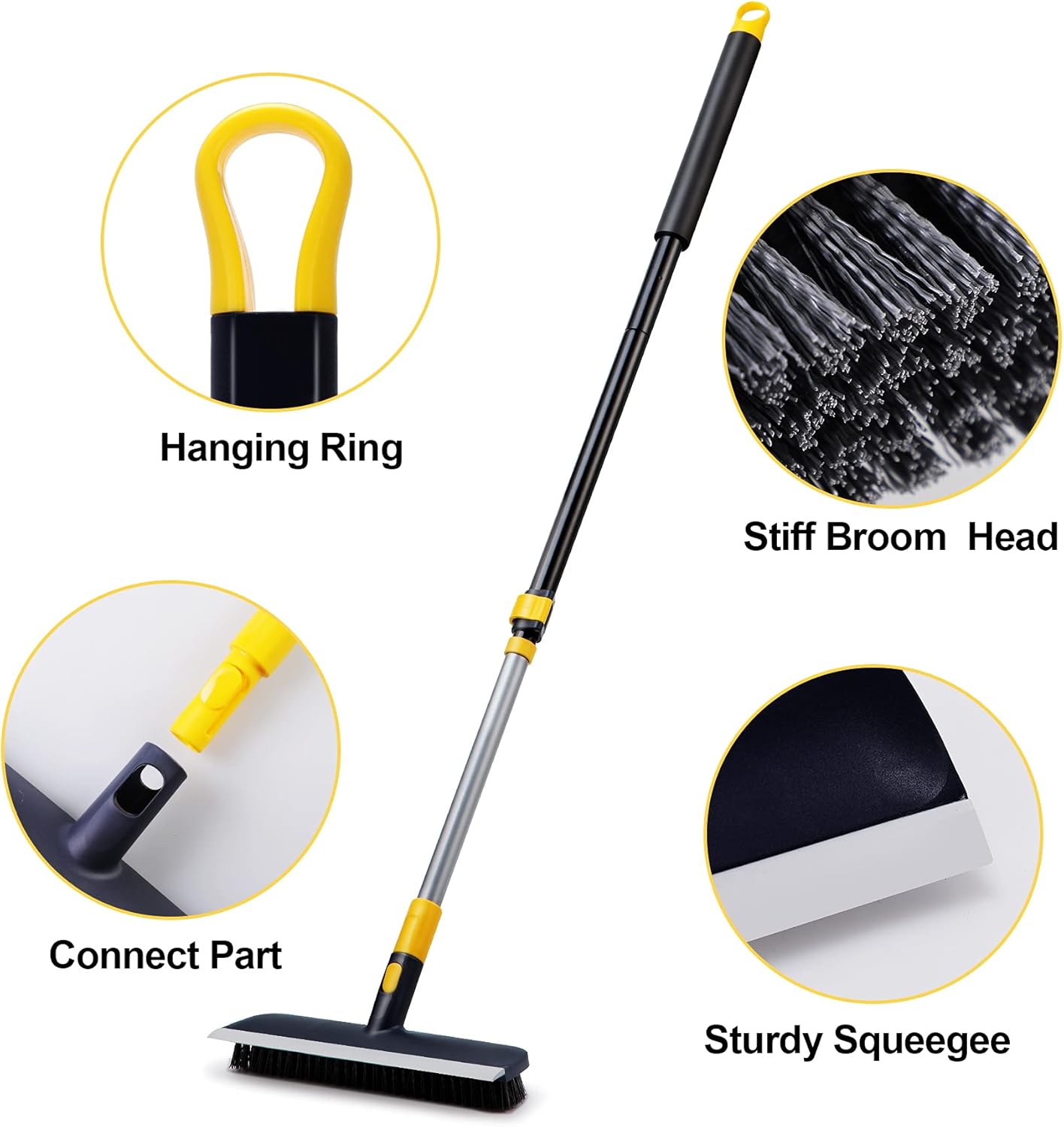 Yocada Floor Scrub Brush Telescopic Handle 2 in 1 Scrape Brush Stiff Bristle Shower Scrubber for Cleaning Patio Bathroom Garage Kitchen Wall Deck Tub Tile 55.9 inch Tall
