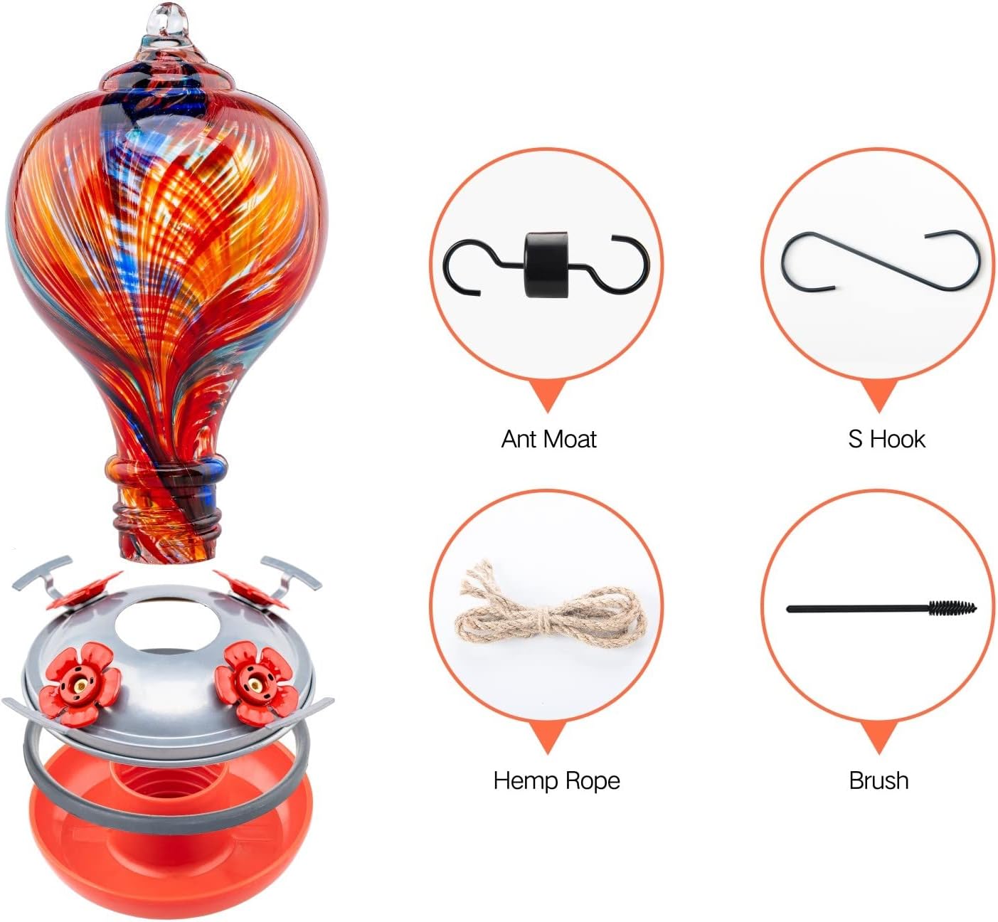 Muse Garden Hummingbird Feeders Blown Glass Hummingbird Feeder, Garden Backyard Decor, 32OZ, Mexican Stripes