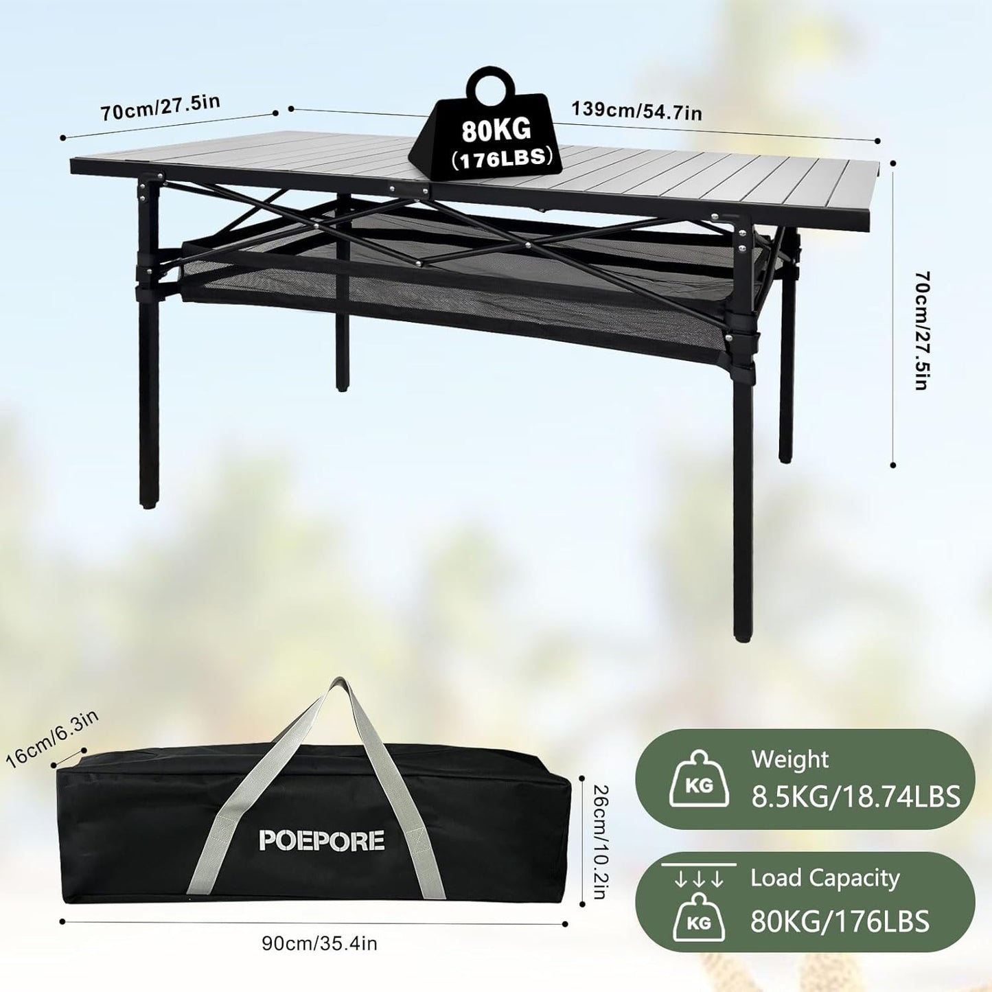 Large Folding Camping Table Aluminum with Storage for 4-6 People 55"X27.5" Roll Up Tall Outdoor Portable Table Lightweight with Carry Bag for Picnic BBQ Backyard Beach
