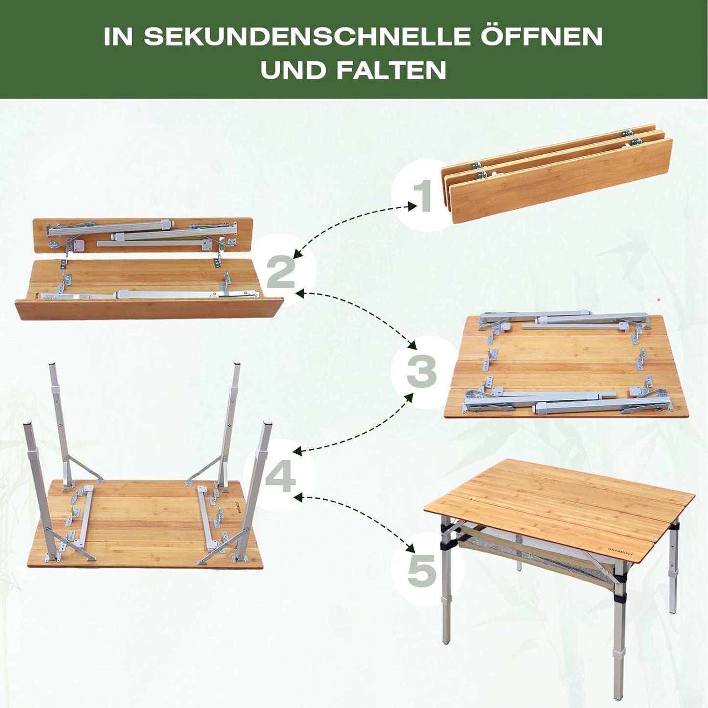 Bamboo Folding Camping Table 4 Folds with Adjustable Aluminum Legs Portable Picnic Table with Storage and Carry Bag for Outdoor Hiking Beach 2-4 Person