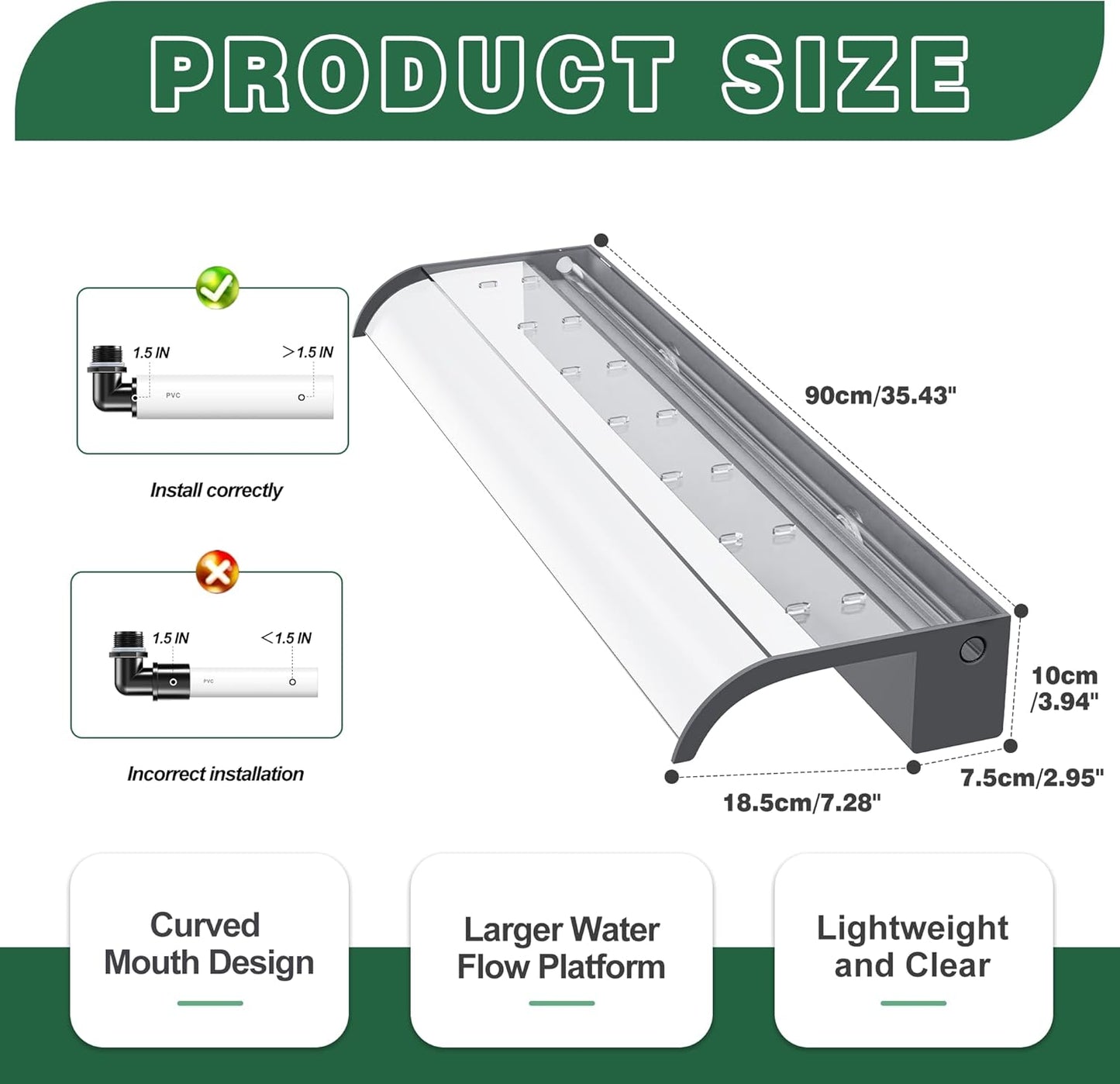 Waterfall Spillway, Clear Acrylic Pool Fountain w/Top Open Lip & Pipe Connector Kits for Outdoor/Indoor Decorative, 35.4'' Pool Water Feature for Garden Patio, Backyard Koi Pond Decor