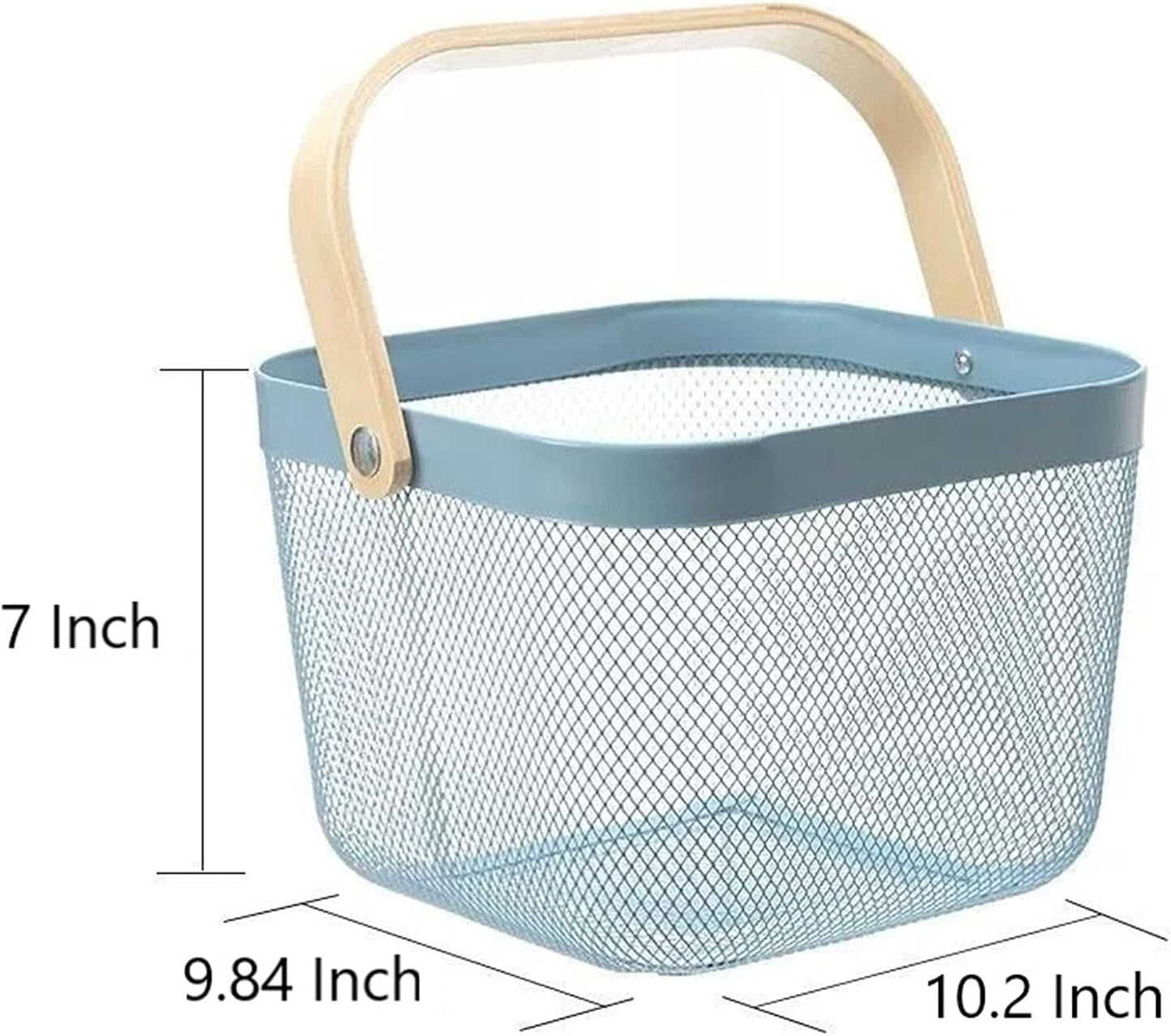 Metal Mesh Steel Basket, Storage Organizer Basket Multi-functional Hanging Kitchen Baskets Fruit Basket Bin with Bamboo Handle for Kitchen Bathroom Picnic Shopping Decor Cabinet Home, Blue