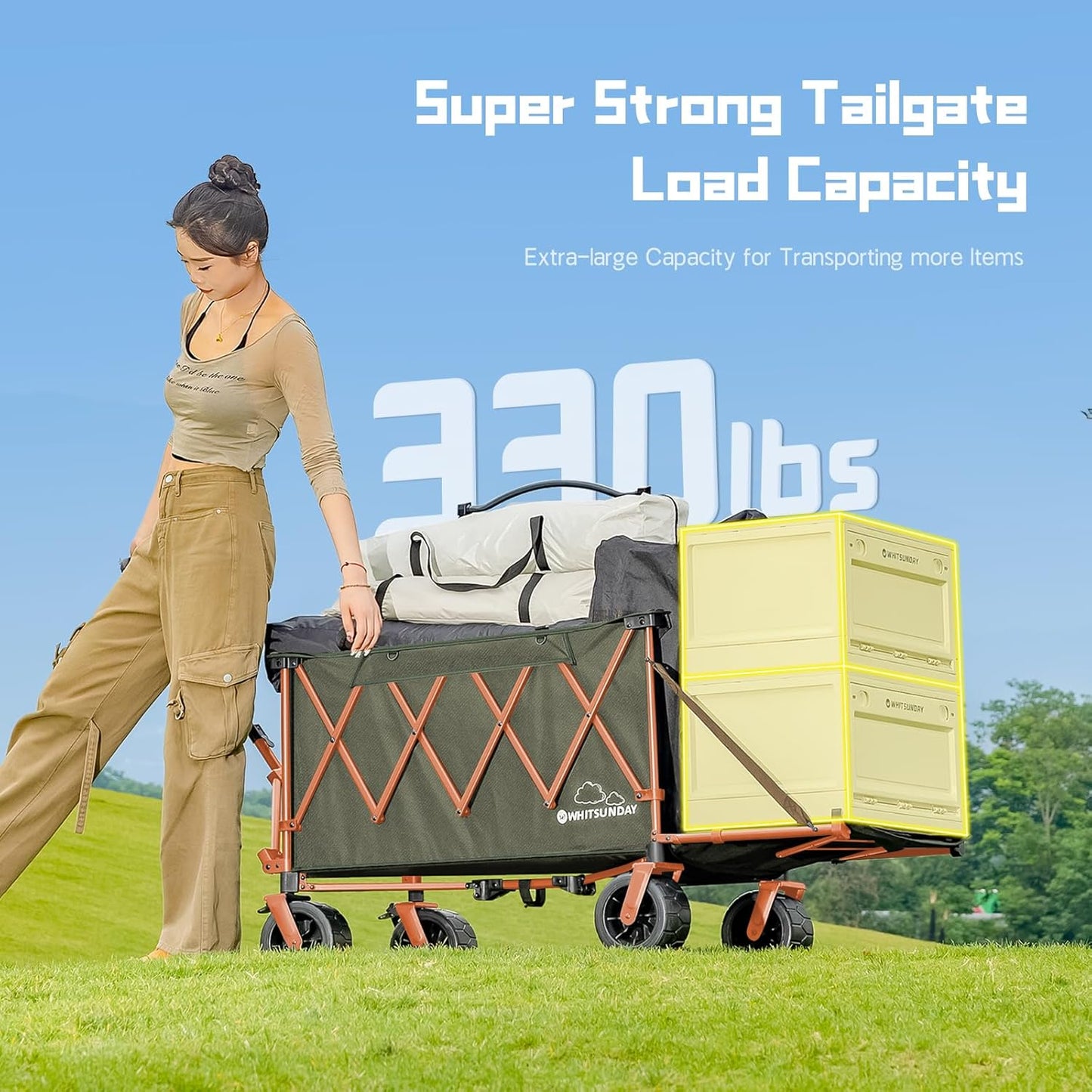 Whitsunday Collapsible Folding Wagon with Table, Heavy Duty Utility Beach Wagons with Opened Tailgate and All-Terrain Wheels for Camping,Garden,Sports (Max Orange)