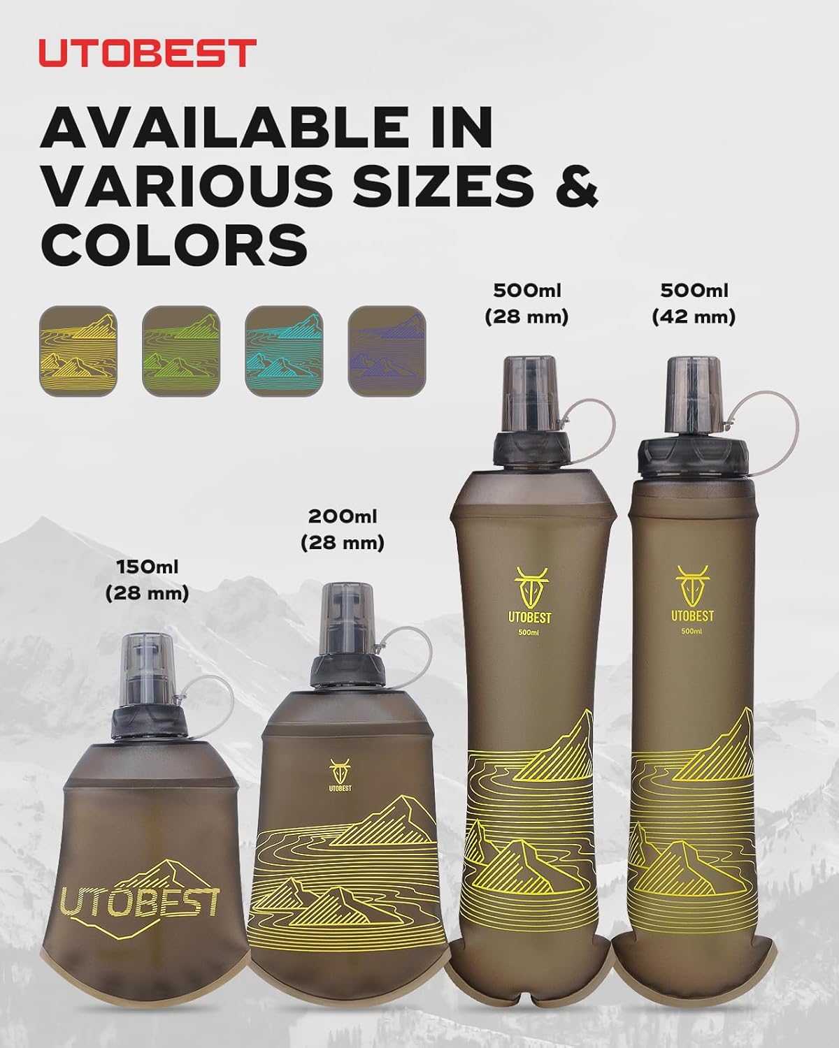 UTOBEST 500ml Soft Flask, 2 Pack Flexible TPU Hydration Water Bottle, Collapsible with 28mm Caliber for Running, Hiking, Cycling, Climbing, and Marathon Yellow