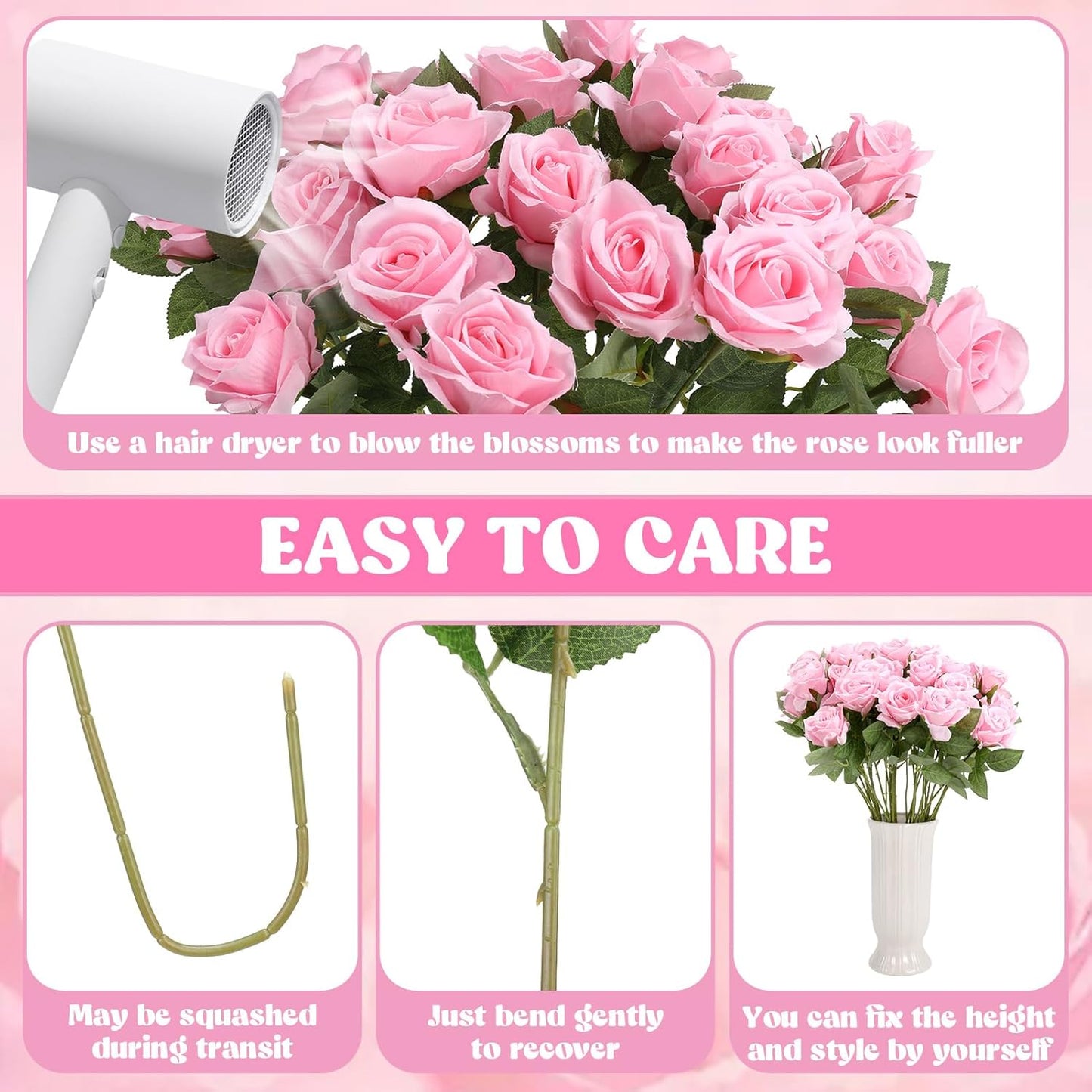 36 Pcs Silk Pink Roses Bouquet Bridal Artificial Flowers Mothers Day,Fake Rose Long Stem Realistic Artificial Flowers Bulk for Wedding Bouquet Ball Arrangement Centerpiece Party Decor
