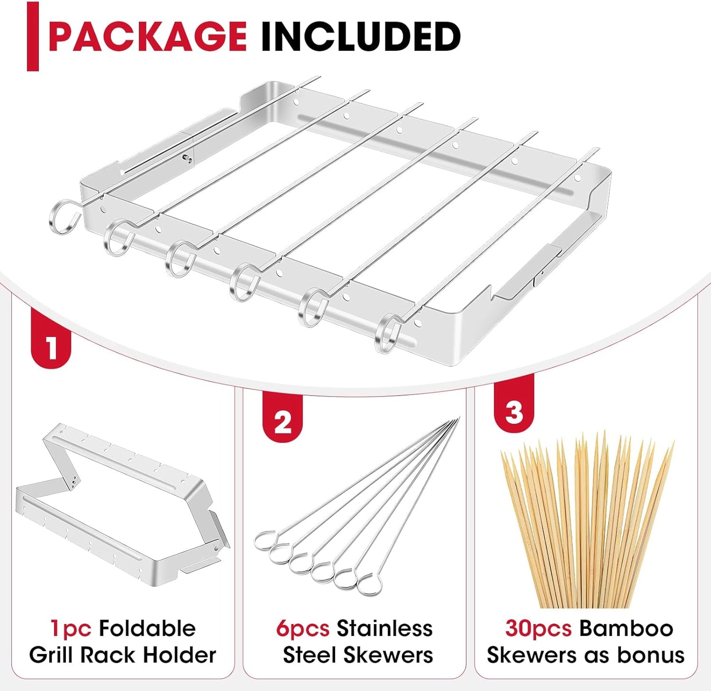 Unicook Upgraded Stainless Steel BBQ Shish Kabob Set, Large Foldable Grill Rack with 6pcs 13.5"L Barbecue Skewer, Keeps Kabobs from Sticking to the Grill Grate, 30pcs Bamboo Skewers as Bonus