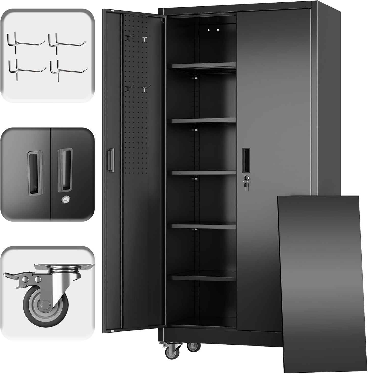 71" H×34" W×18" D Metal Garage Storage Cabinet with Wheels & Pegboard, Lockable Metal Storage Cabinets with 2 Doors&5 Adjustable Shelves for Garage&Home,Assembly Required,Black