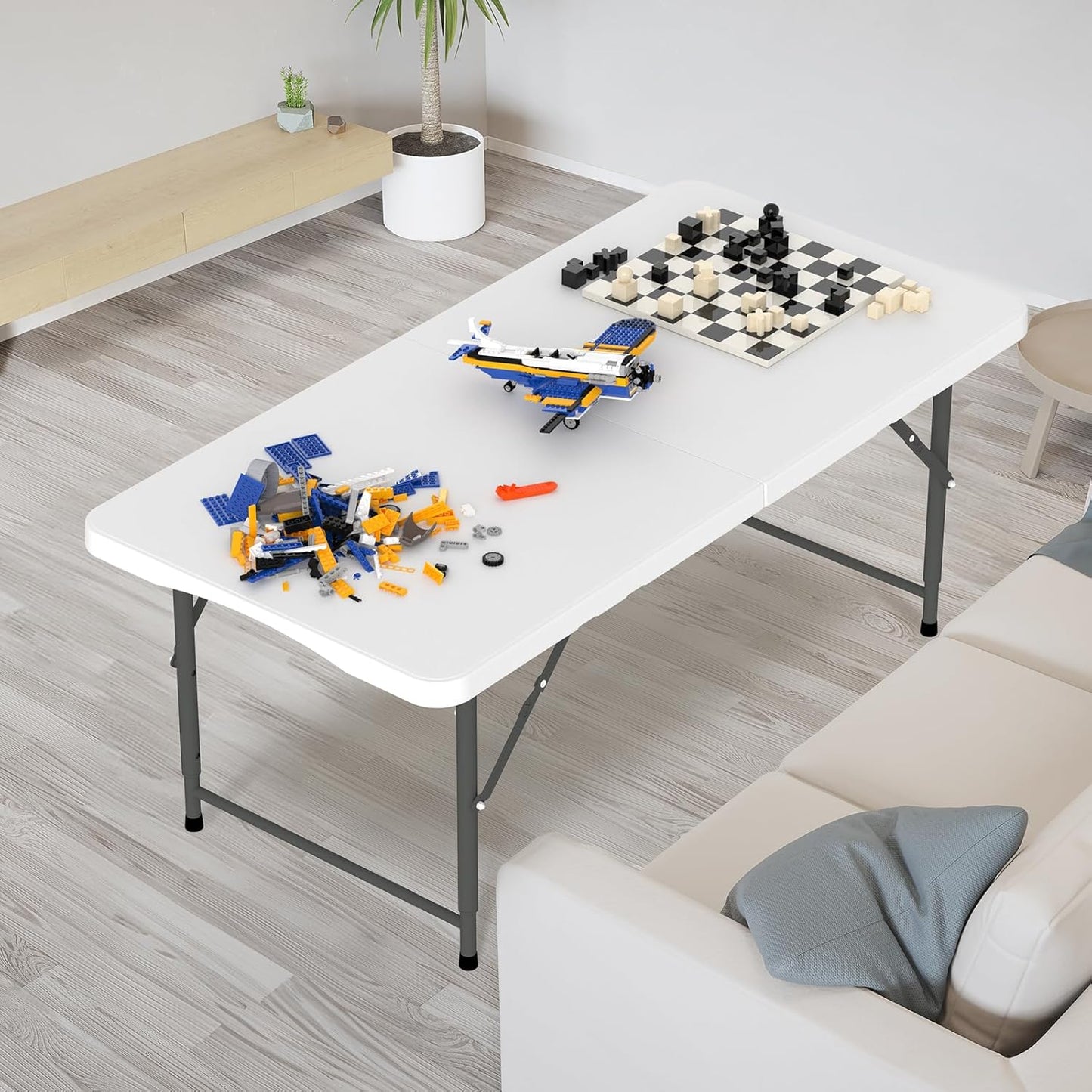 VINGLI 4 FT Plastic Folding Camping Table,3-Level Adjustable Height, Portable in/Outdoor Party Picnic Dining Desk, Garden Soccer Multipurpose Entertaining Activities，White