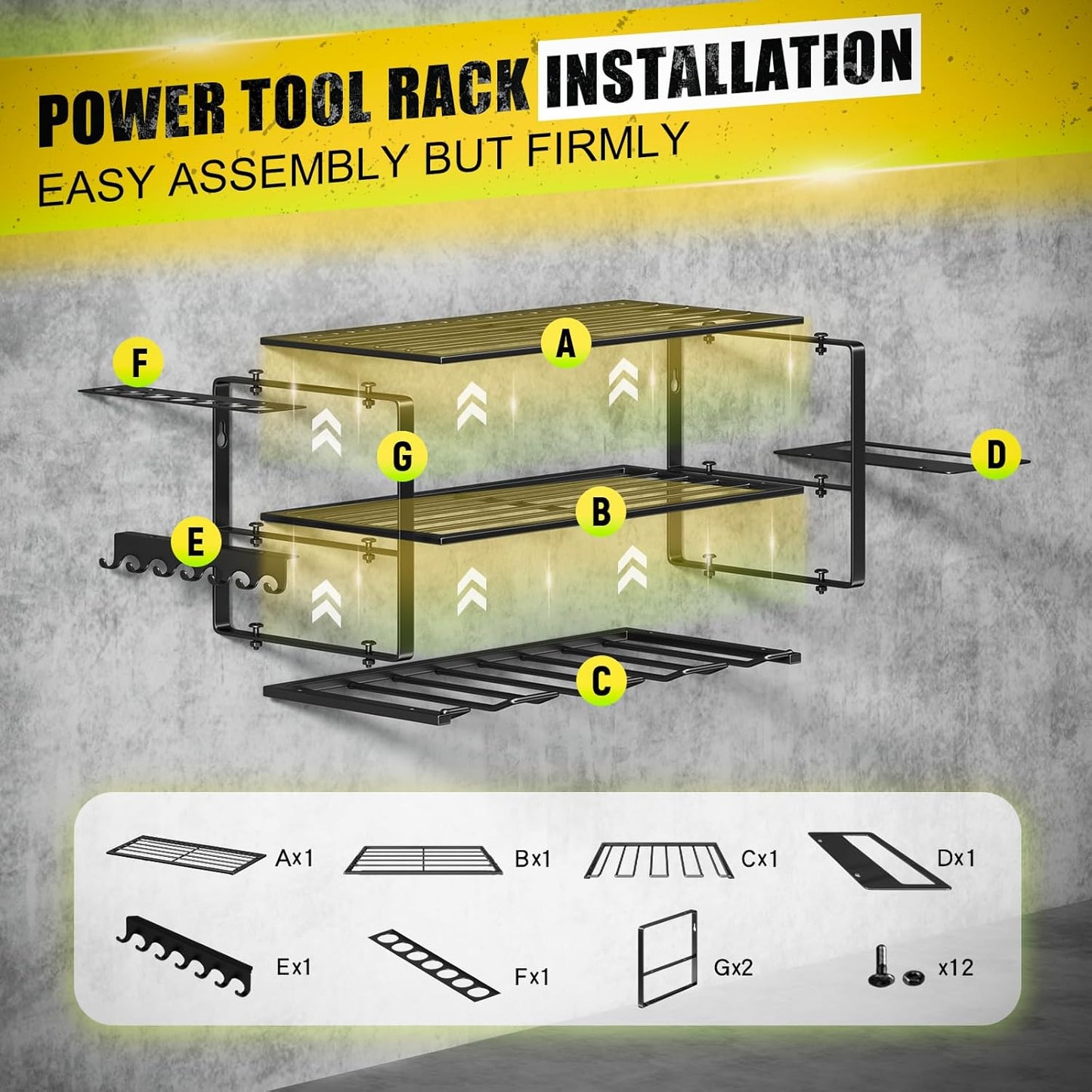 Power Tool Organizer Wall Mount - 200Lbs Load 3 Layers Storage Rack with 4 Drill Holders for Drills Cordless Tools. Heavy Duty Iron Garage Tool Organizer Storage for Workshop Shed Pegboard Basement