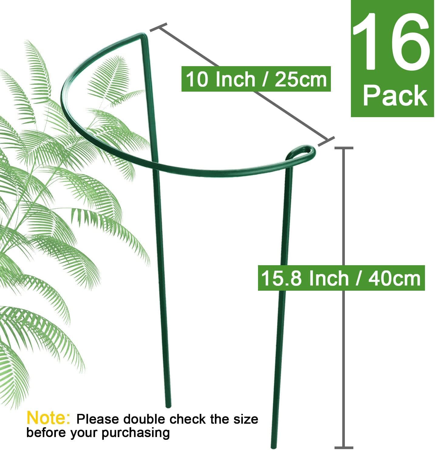HiGift 16 Pack Plant Support Stakes, Half Round Metal Garden Plant Stake Indoor Peony Cages and Supports, Green Plant Support Ring Border for Tomato,Hydrangea,Flower Outdoor (10" Wide x 15.8" High)