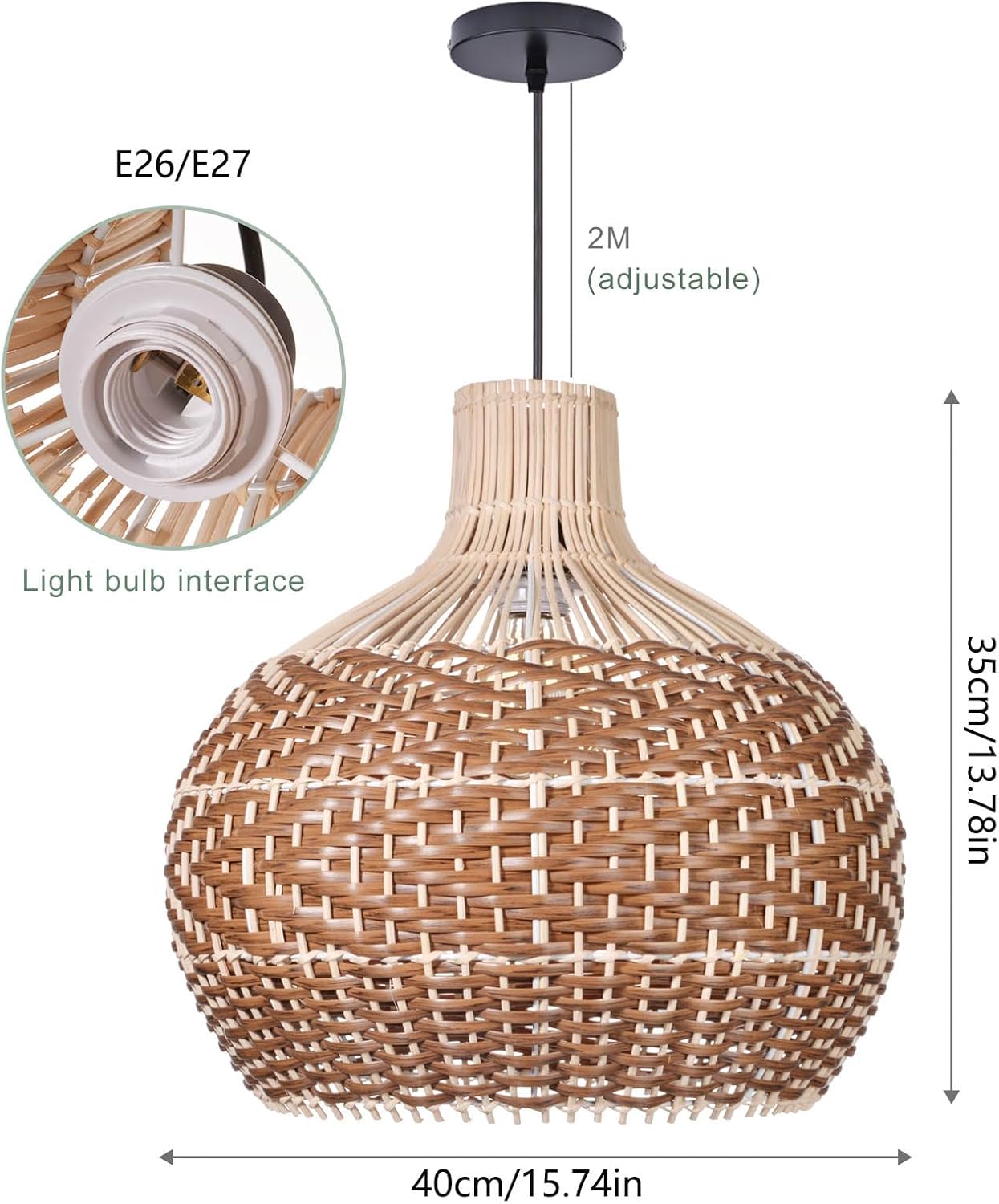 Arturesthome Rattan Pendant Lights, Wicker Chandelier Boho Basket Lighting Fixture, Natural Woven Hanging Lamp for Kitchen Island Sink Coffee