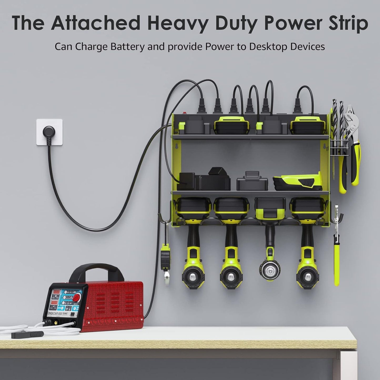 CCCEI Modular Power Tool Organizer Wall Mount with Charging Station. Garage 4 Drill Storage Shelf with Hooks, Screwdriver, Drill Bit Heavy Duty Rack, Tool Battery Holder Built in 8 Outlet Power Strip.