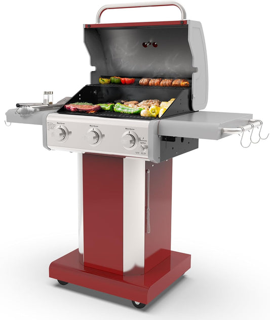 Kenmore 3-Burner Outdoor BBQ Grill | Liquid Propane Barbecue Gas Grill with Folding Sides, PG-A4030400LD-RD, Pedestal Grill with Wheels, 30000 BTU, Red