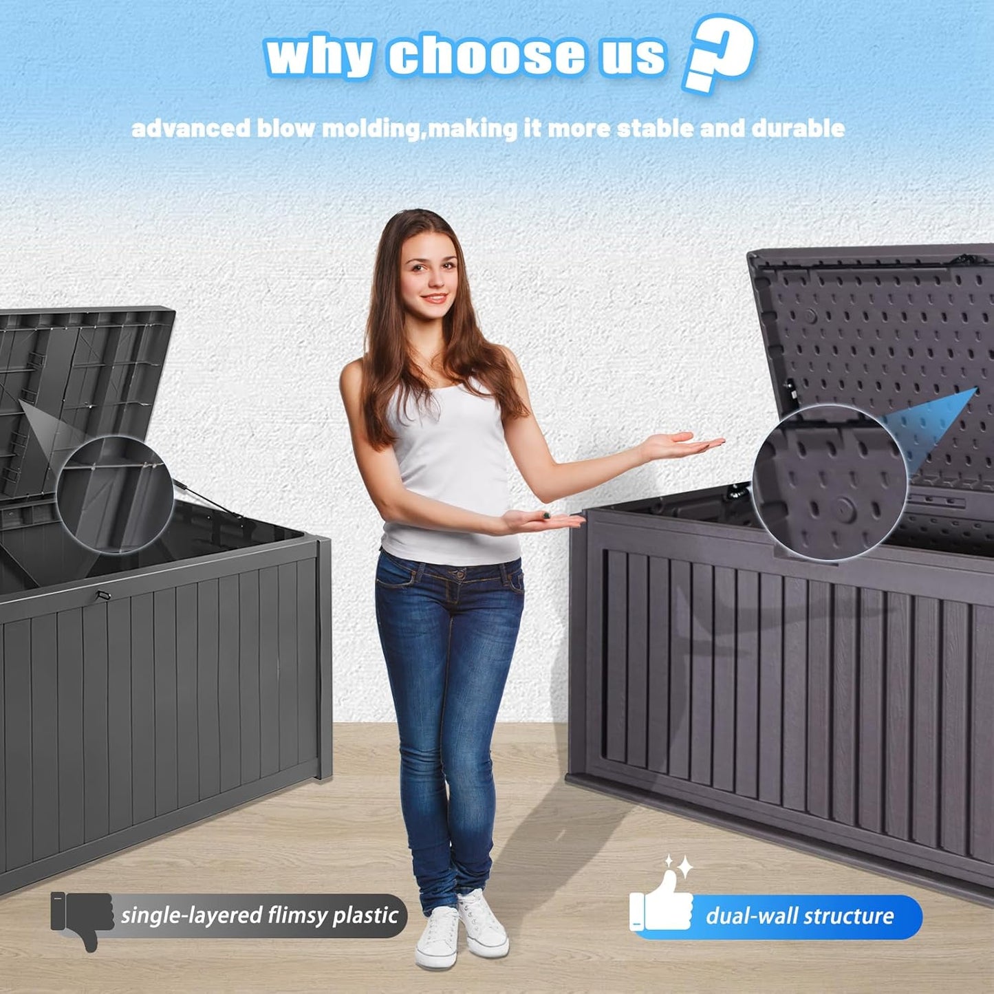 100 Gallon Outdoor Storage Box Waterproof, Resin Deck Box with Dual-Wall, Patio Cushion Storage Box for Garden Tools, Pool Supplies, Toy