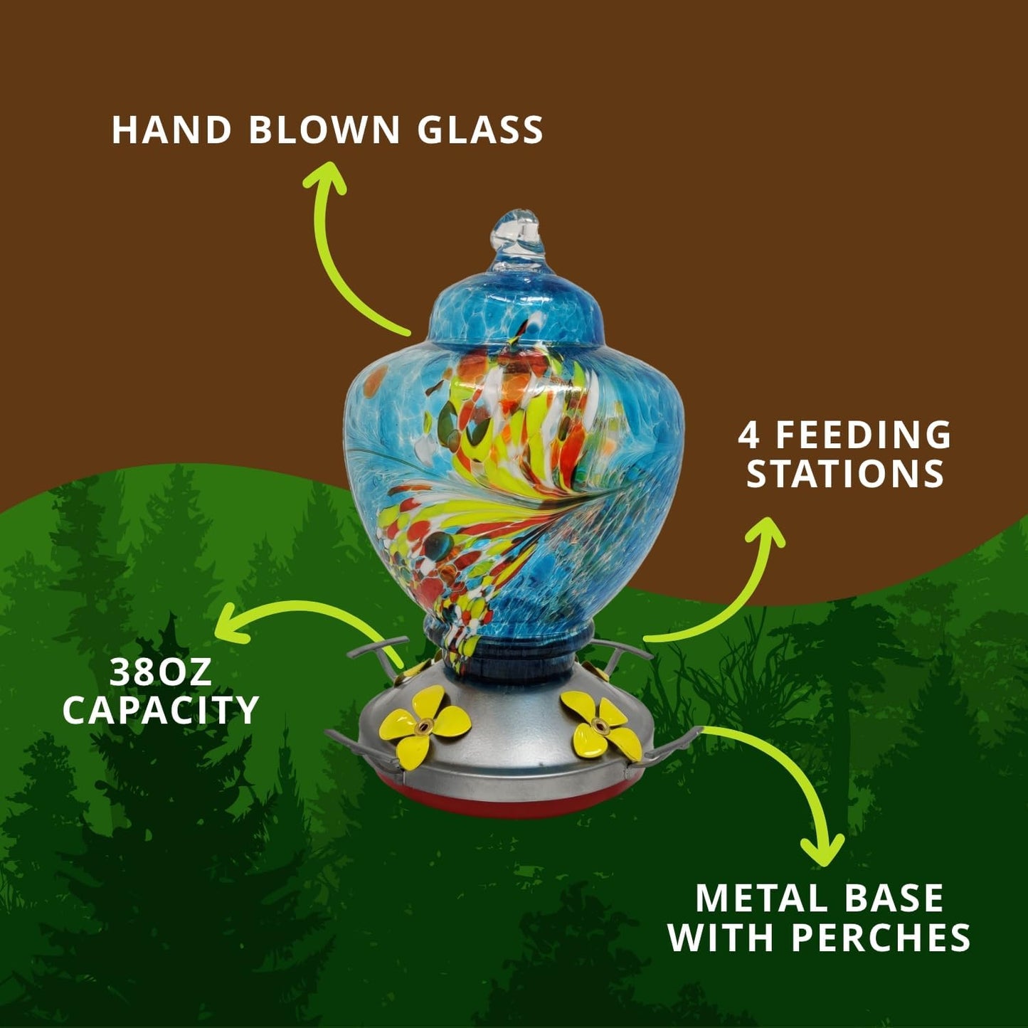 Nature Gear Hummingbird Feeder, Hanging-Mount Glass Hummingbird Feeders for Outdoors, Hand-Blown Glass Feeder with Ant Moat for Garden Hummingbirds, Easy to Clean & Rust Resistant, Blue Burst