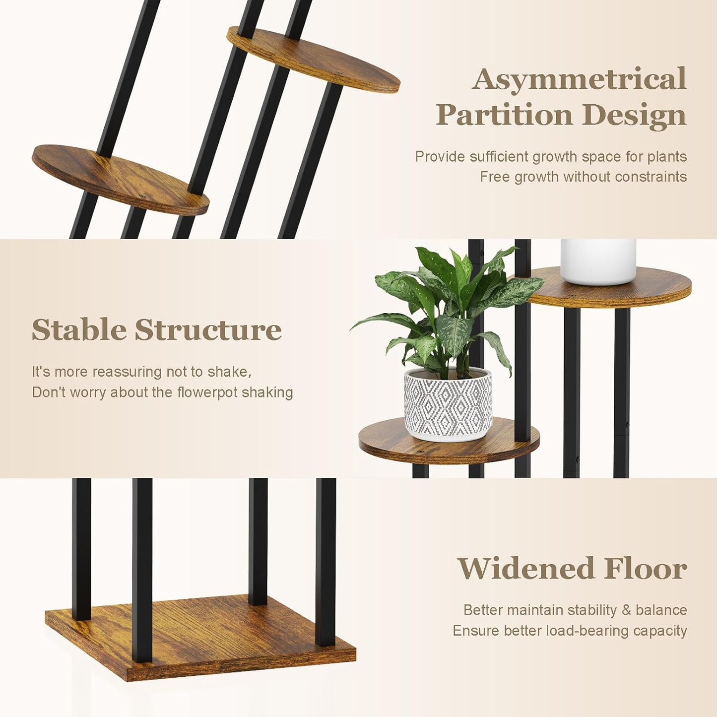 5 Tier Plant Stand Indoor, Metal Wooden Tall Plant Shelf Flower Pot Stand for Multiple Plants, Corner Flower Holder Plant Display Rack for Living Room Balcony Patio Garden (Rustic Brown)