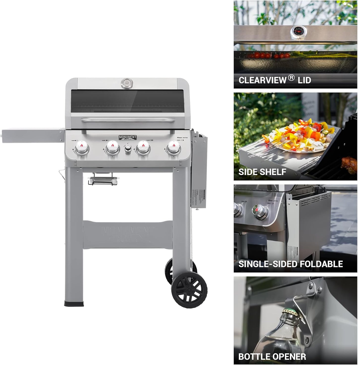 Monument Grills 4-Burner Liquid Propane Gas Grill, Silver Stainless Steel Grill Outdoor Patio Garden Barbecue Grill with Clearview® Lid and One Foldable Shelf, Mesa400MF