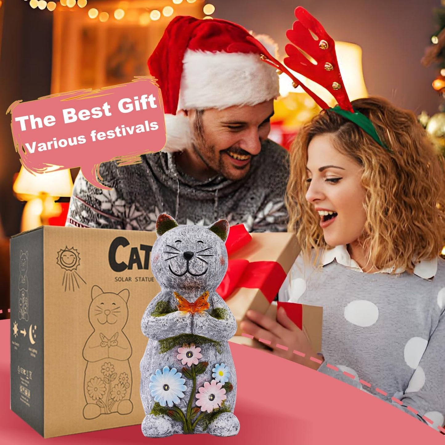 Solar Garden Statue Cat Figurine – Outdoor Decoration with Butterfly for Garden Yard Lawn Home Decor Outside : Unique Gifts for Mom Grandma