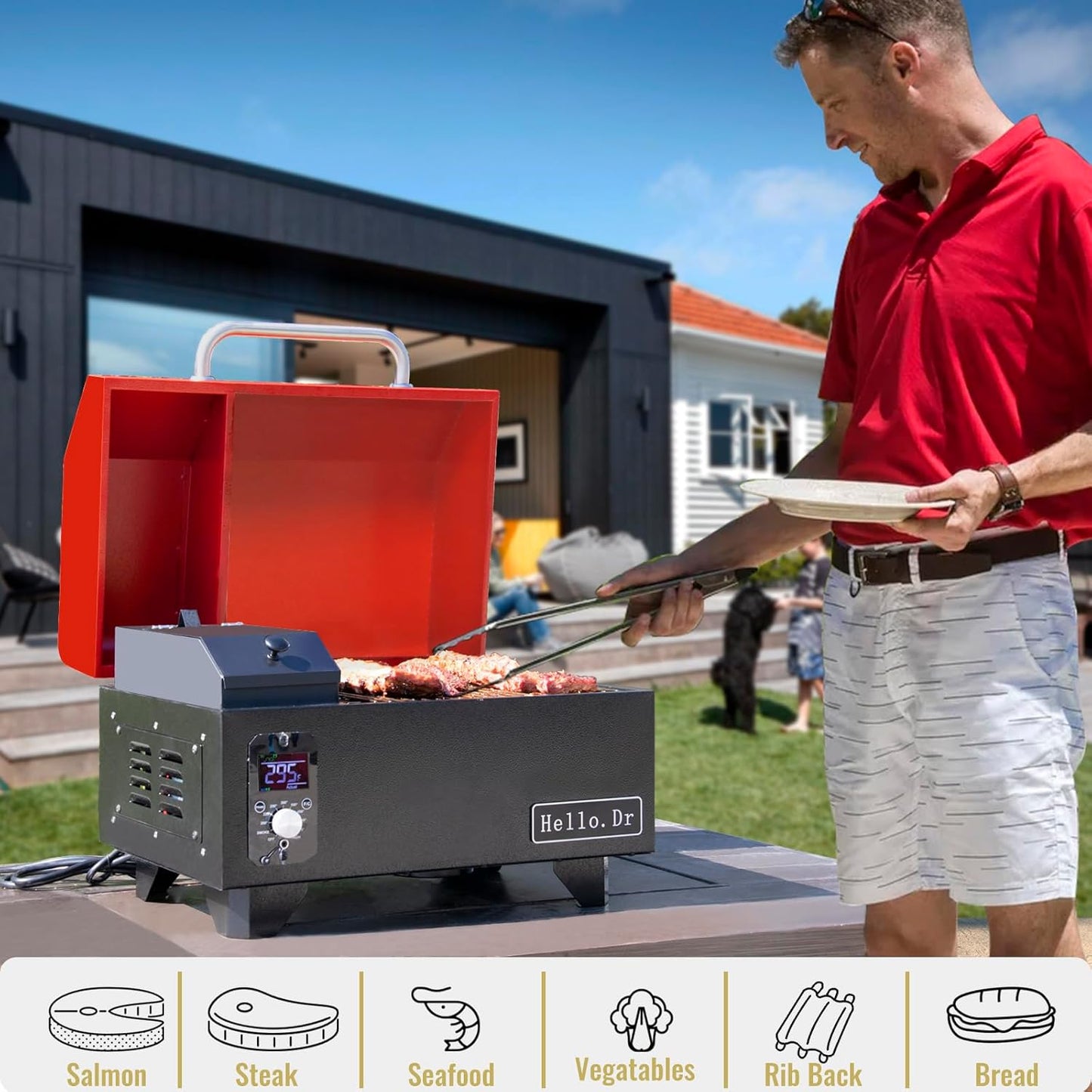 Portable Pellet Grill, Pellet Smoker with Digital Control, LED Screen, Meat Probe,for Outdoor Camping & Backpacking - Lightweight, Stainless Steel - Perfect for Hiking, RV, Red