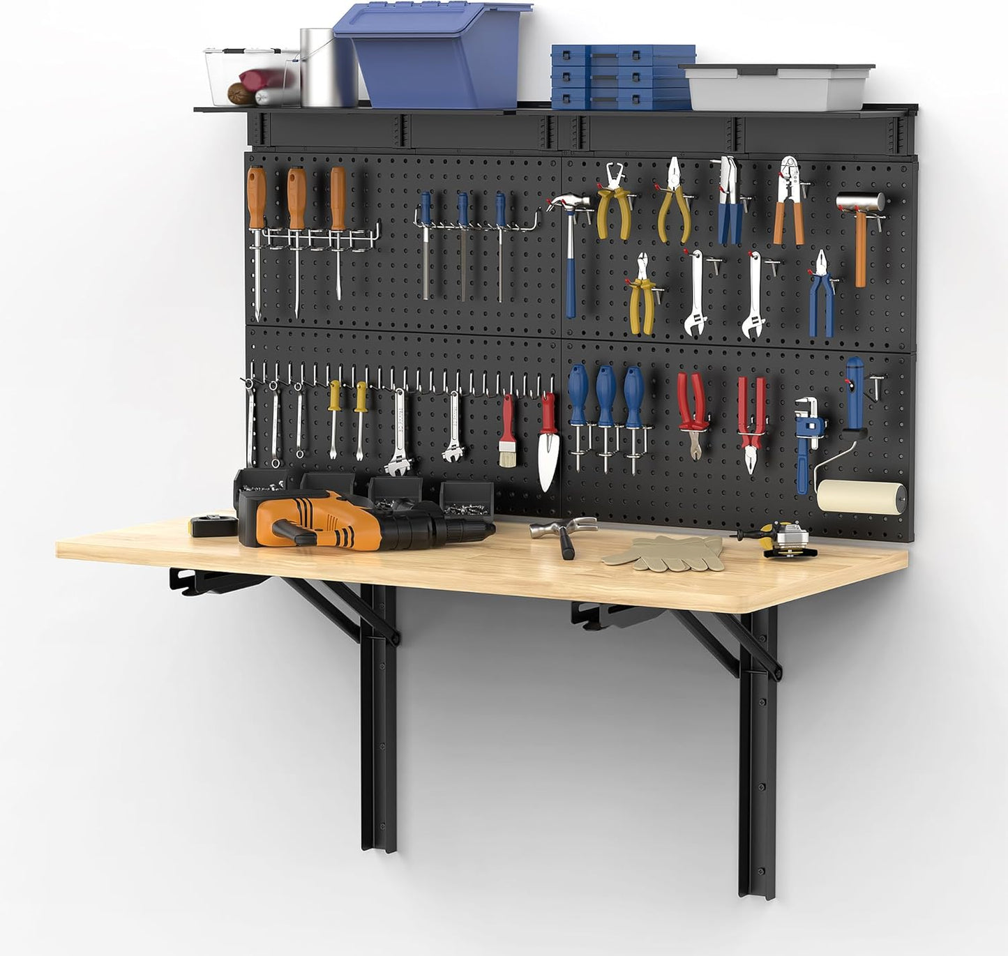 Ultrawall Wall Mounted Workbench with Pegboard, Folding Down Work Table Metal Pegboard Wall Organizer for Garage, Workshop, 48”X24”