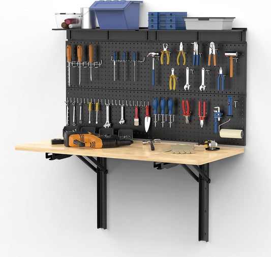 Ultrawall Wall Mounted Workbench with Pegboard, Folding Down Work Table Metal Pegboard Wall Organizer for Garage, Workshop, 48”X24”