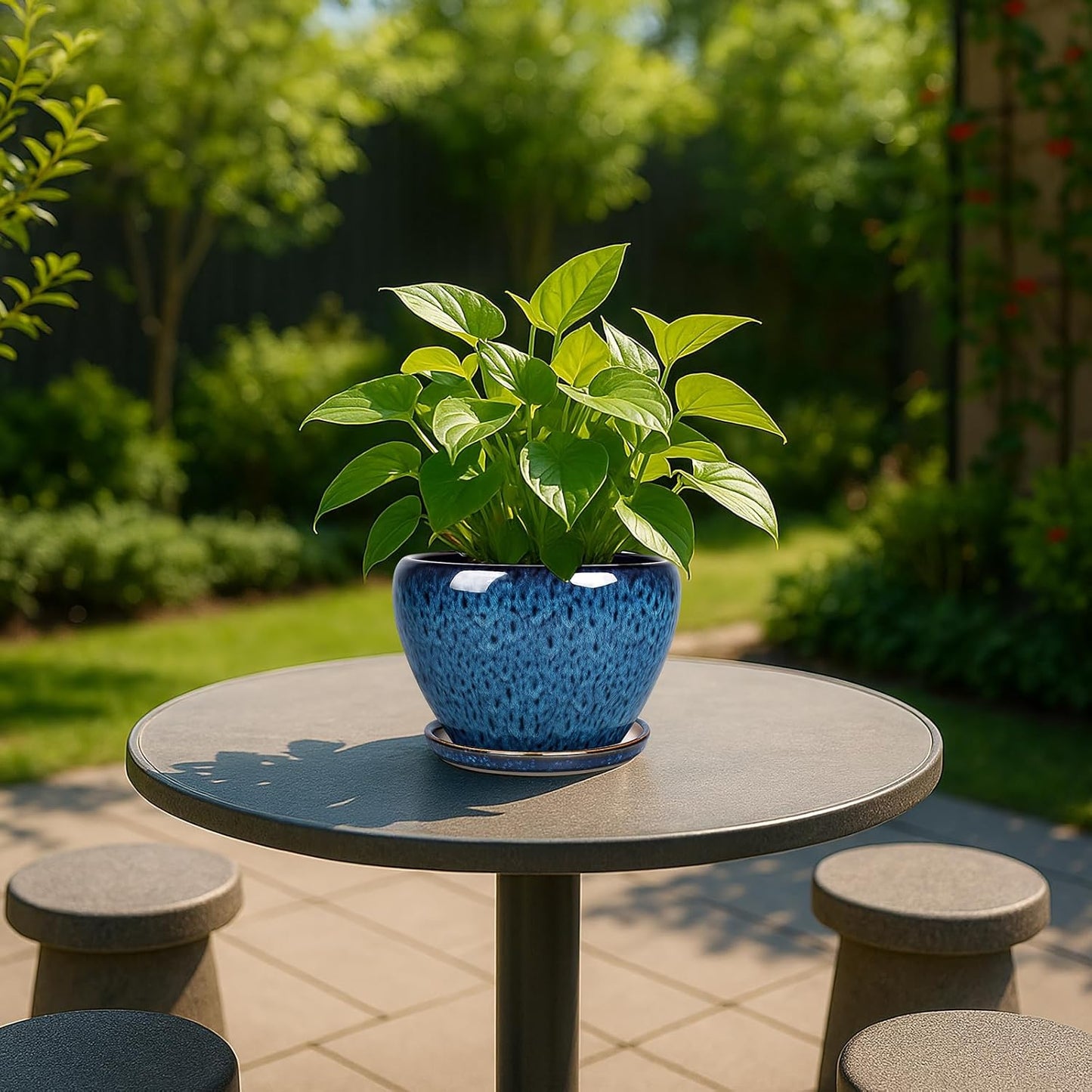 Deep Dream 6 Inch Plant Pots- Ceramic Planter Pot with Drainage Hole and Saucer, Round Flower Pot for Indoor Outdoor Succulent, Snake Plants and Cactus, Blue