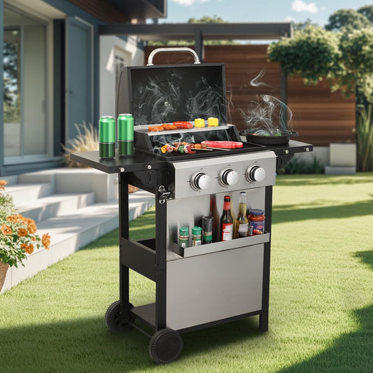 3-Burner Propane Gas Grill, 25,650 BTU Outdoor BBQ Grill with Stainless Steel Warming Rack, Enameled Cooking Grids, Built-in Thermometer & Foldable Side Tables - Portable Design with 6" Wheels