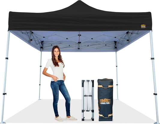 10x10 Heavy Duty Pop Up Canopy - EZ Up, Commercial Grade Aluminum Frame, 42” Folded Frame Height, UPF 50+, Adjustable Portable Tent for Beach, Events, Camping, Roller Bag (Black)