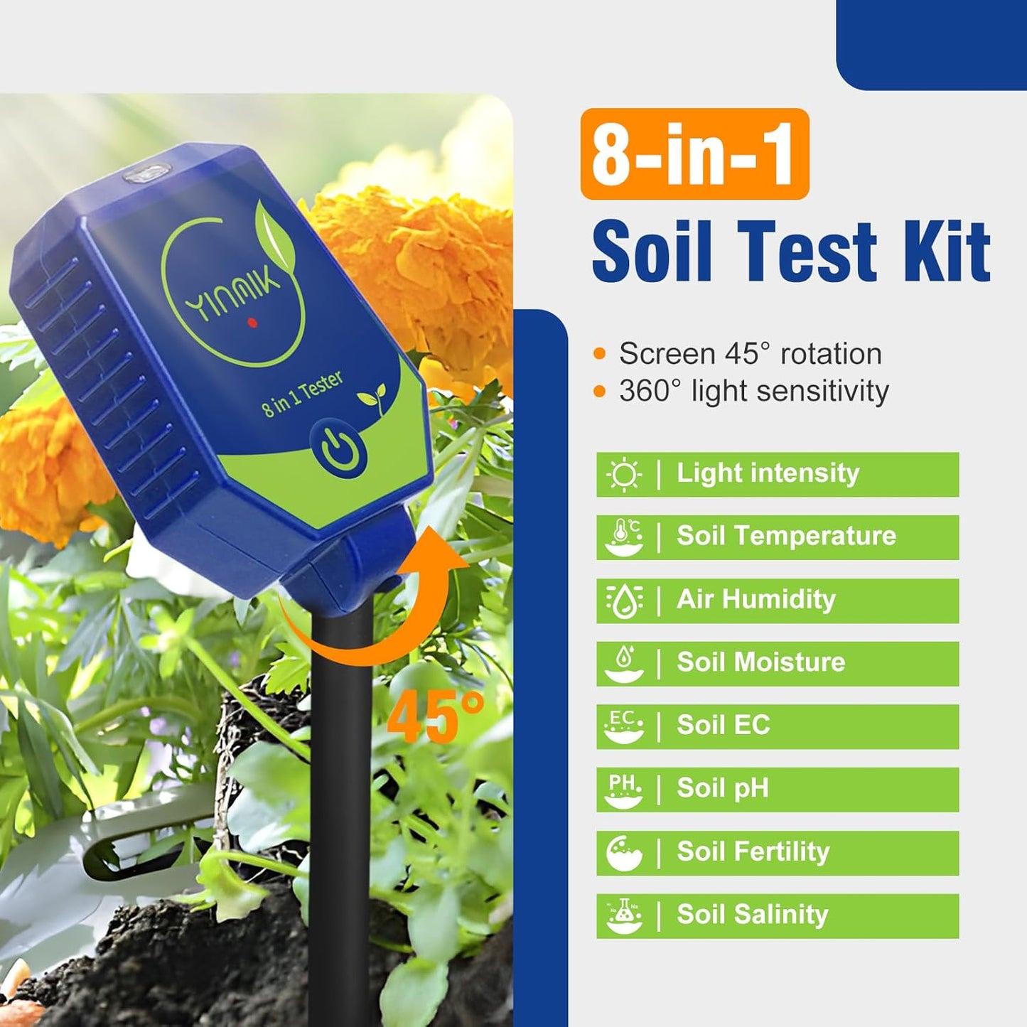 pH Moisture Meter Smart Soil Test Kit Garden pH Meter Hygrometer pH Conductivity Meter for Hydroponic 8 in 1 Farm pH Moisture pH Moisture EC Fertility Salt Sunlight Air Humidity Temp Tester