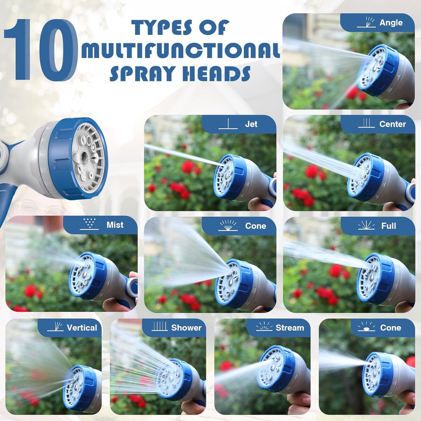 1/2 in × 100 ft Garden Hose Reel,Wall-Mounted Hose Reel with Bottom Drain,180° Rotating Bracket,with 10-Function Sprayer Nozzle,Lockable at Any Length,Equipped with Waterproof Bag(Blue)