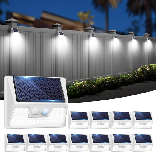 12 Pack Solar Lights Outdoor Motion Sensor, Waterproof Fence Lights with 3 Lighting Mode, Cool White LED Security Deck Lights for Outside Wall Yard Steps Stairs Garden - White