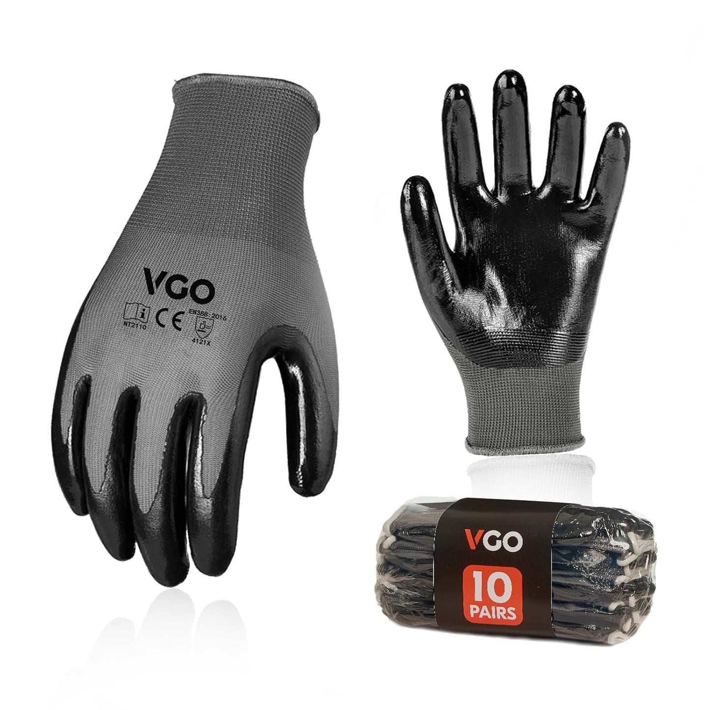 Vgo... 10-Pairs Safety Work Gloves, Gardening Gloves, Non-slip Nitrile coating, Dipping Gloves (Size XL, Gray, NT2110)