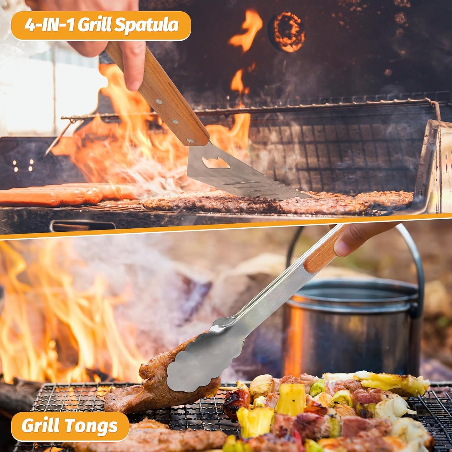 PURPLEBIRD Grill Utensils Set with Brush - 5pcs Grilling Tools Set with Bag Apron, Heavy Duty BBQ Tool Sets with Long Wood Handle, Stainless Grilling Accessories for Outdoor Grill