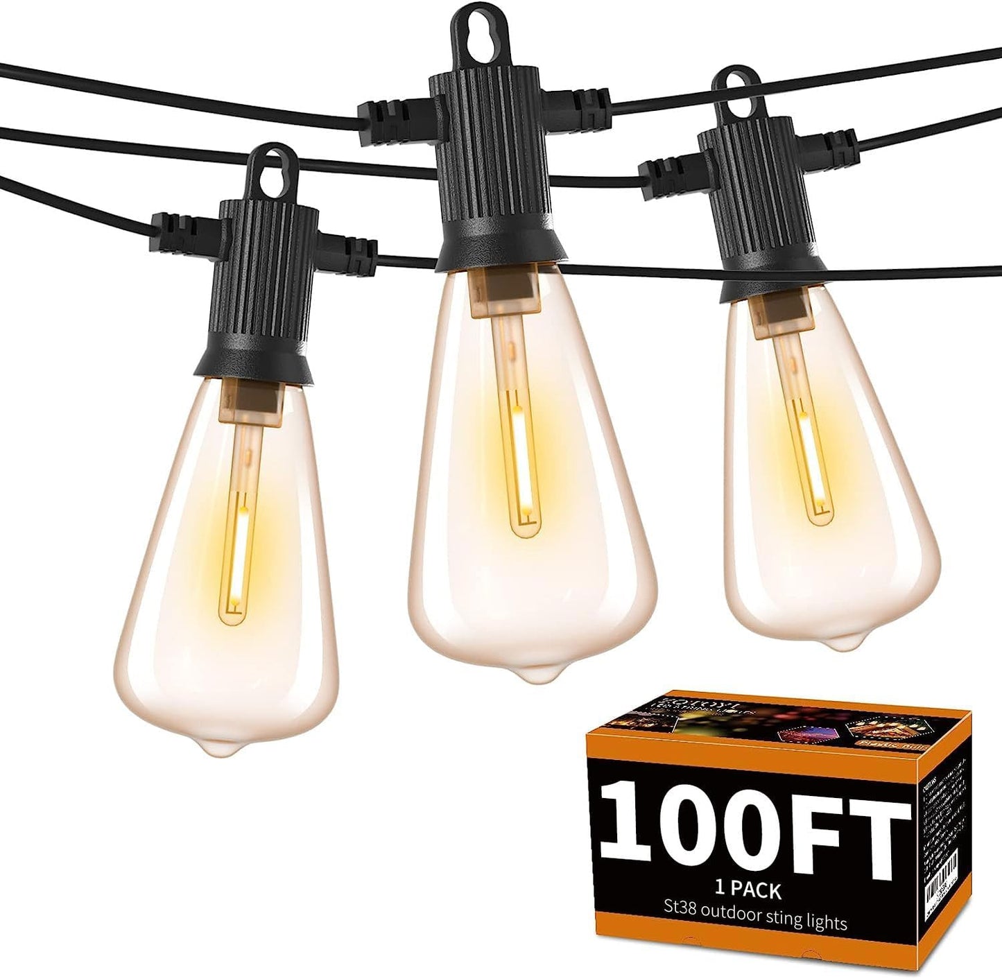 ZOTOYI Outdoor String Lights 100 FT, Waterproof IP65 LED Patio Lights with 52 ST38 Shatterproof Bulbs(2 Spare), Dimmable String Lights for Outside, Cafe, Bistro, Backyard, Garden Warm White