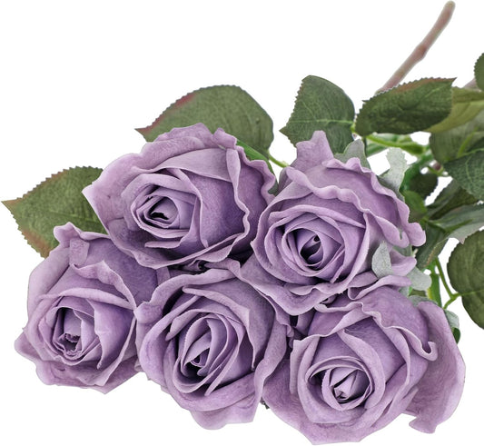 Artificial Realistic Roses Lilac Flowers 24" Real Touch Silk Roses Bouquet Long Stems Rose Fake Roses Decor for Home Party Wedding Table Centerpieces Roses Realistic - 5 Pcs