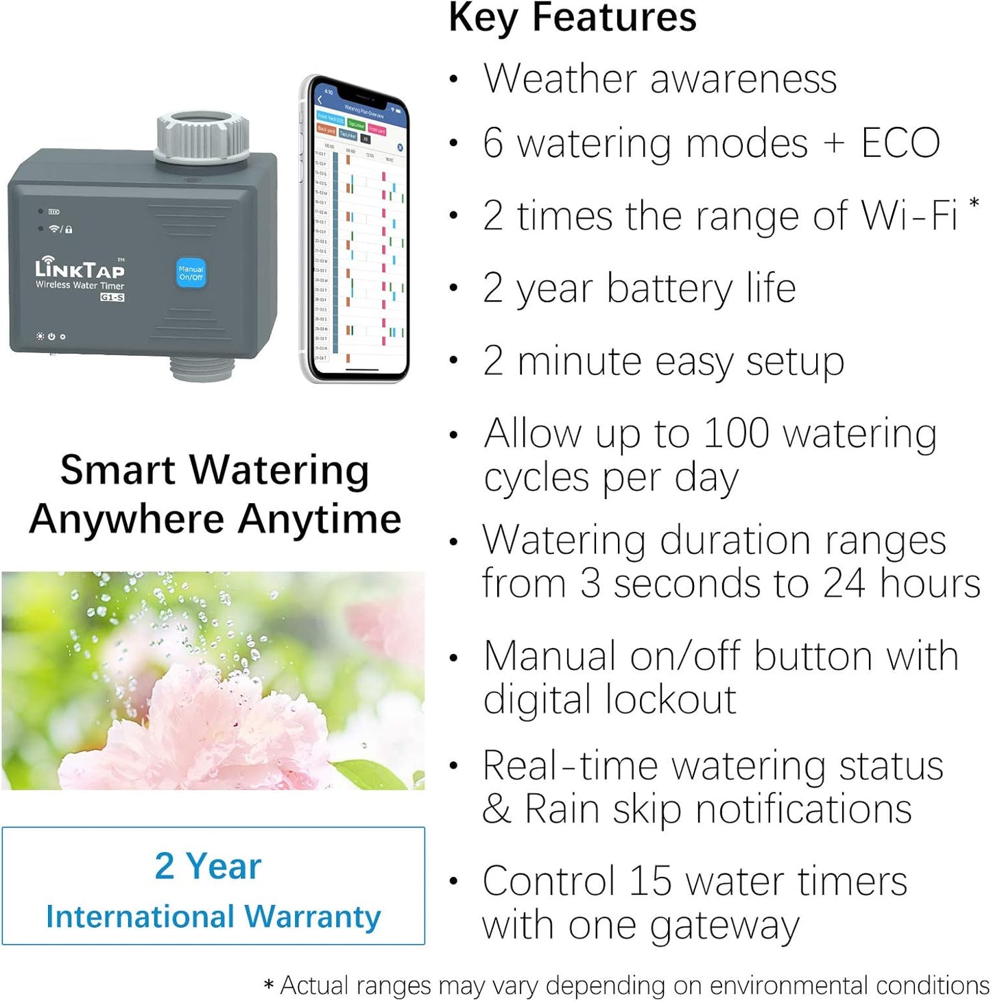 LinkTap G1S Wireless Water Timer (Requires Gateway), Smart Irrigation Hose Faucet Timer, Greater Range Than WiFi Sprinkler Timers, 2 Year Battery Life, Weather Aware, Alexa