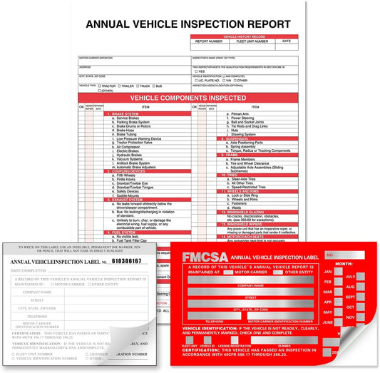 Annual Vehicle Inspection Report Form with Red Exterior Aluminum Inspection Label (6"x3.5"), and White Interior Inspection Label (5"x4") 25-pk