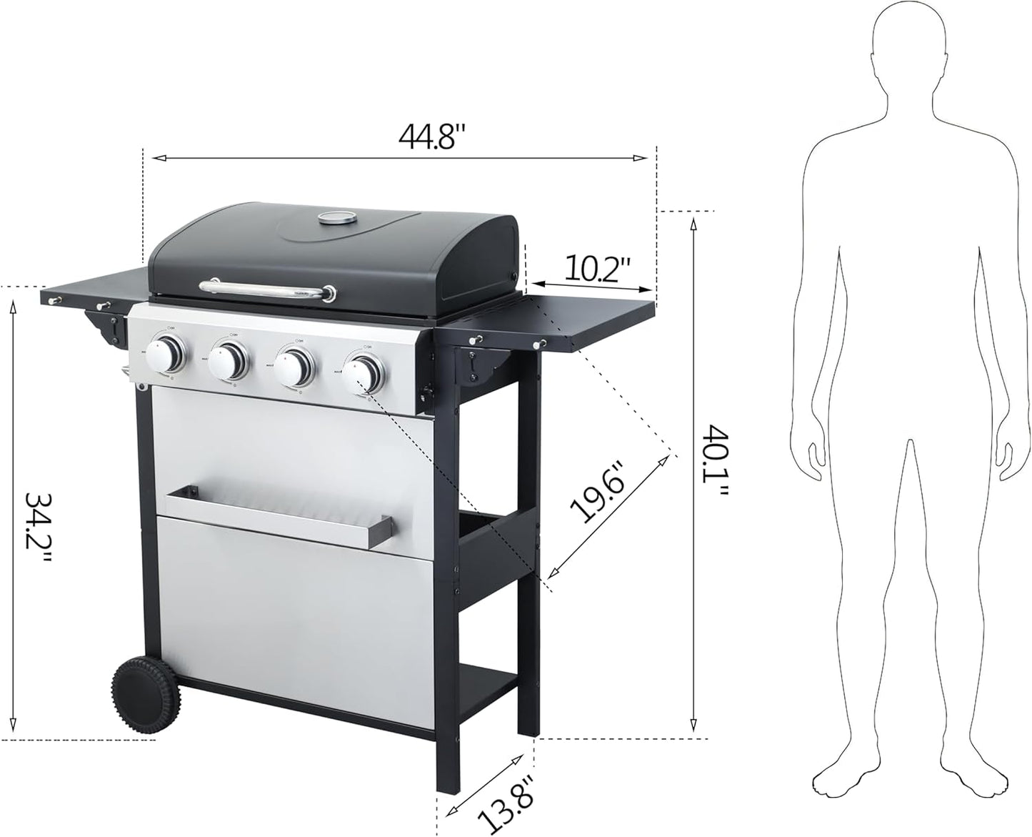 4-Burner Propane Gas Grill, 34,200 BTU Outdoor BBQ Grill with Stainless Steel Warming Rack & Enameled Cooking Grids – Foldable Side Tables, Built-in Thermometer, Hanging Basket – Heavy-Duty 6" Wheels