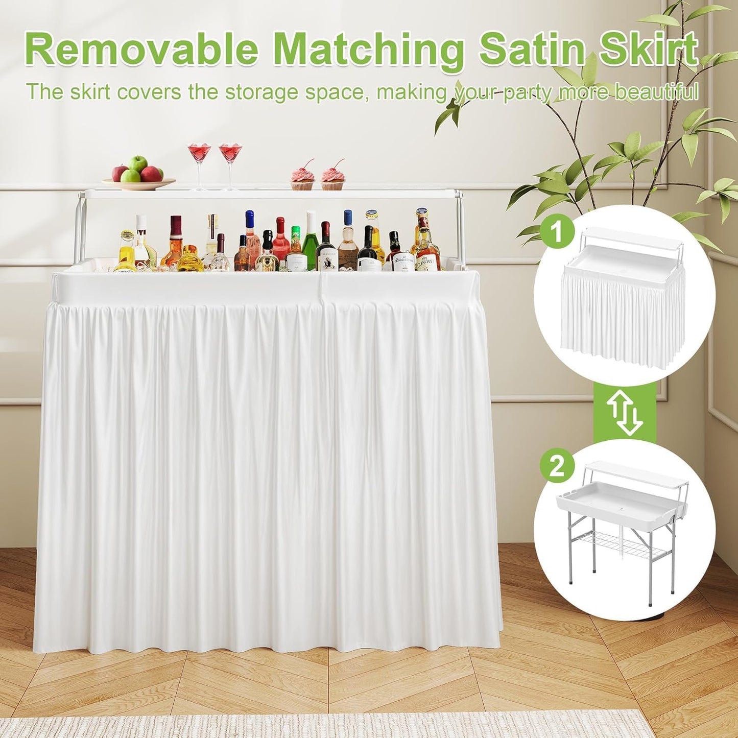 Outdoor Ice Cooler Folding Table with Extra Storage Shelf,Ice Tables for Parties with Drain,Cooler Server for Camping, Picnic, Wedding, BBQ, White