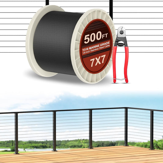 500FT T316 Marine Grade 1/8" Stainless Steel Cable Kit w/Cutter, 7x7 Strand,1850lb Breaking Strength Wire Rope Cable for Deck Railings,Ideal for Indoor/Outdoor Railings DIY Installation, MY15