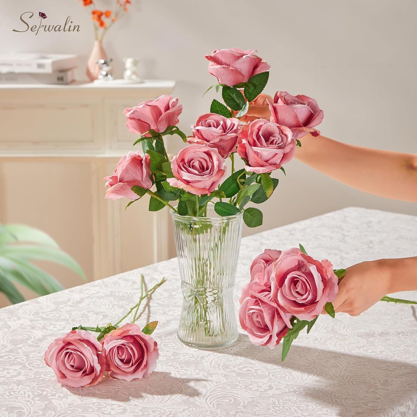 Serwalin 30pcs Artificial Roses Flowers, Dusty Pink Roses with Long Stems Realistic Fake Silk Roses Flowers for DIY Wedding Bouquet Centerpieces Party Home Table Decor