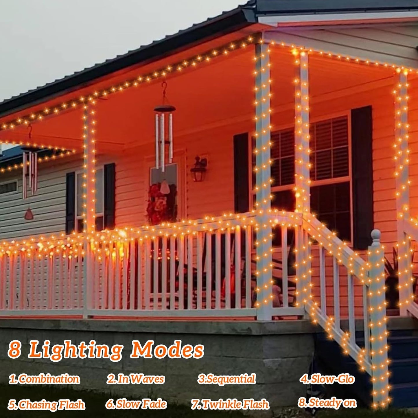 QITONG Orange Solar Halloween Lights Outdoor Waterproof, 2 Pack Each 66ft 200 LED String Lights, Silver Wire Orange Lights for Halloween with 8 Modes
