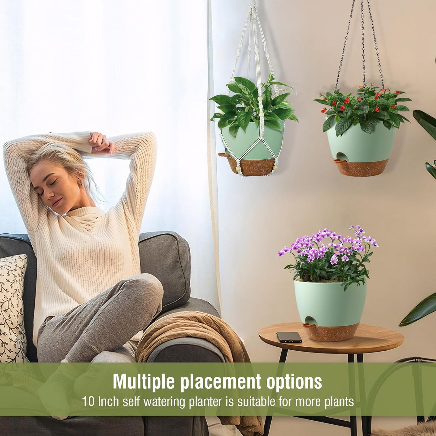 10 inch Self Watering Hanging Planters for Indoor Plants, 2 Pack Hanging Baskets for Outdoor Plants, Hanging Flower Pots with Drainage Holes & 2 Kinds of Plant Hangers for Home Decor, Green