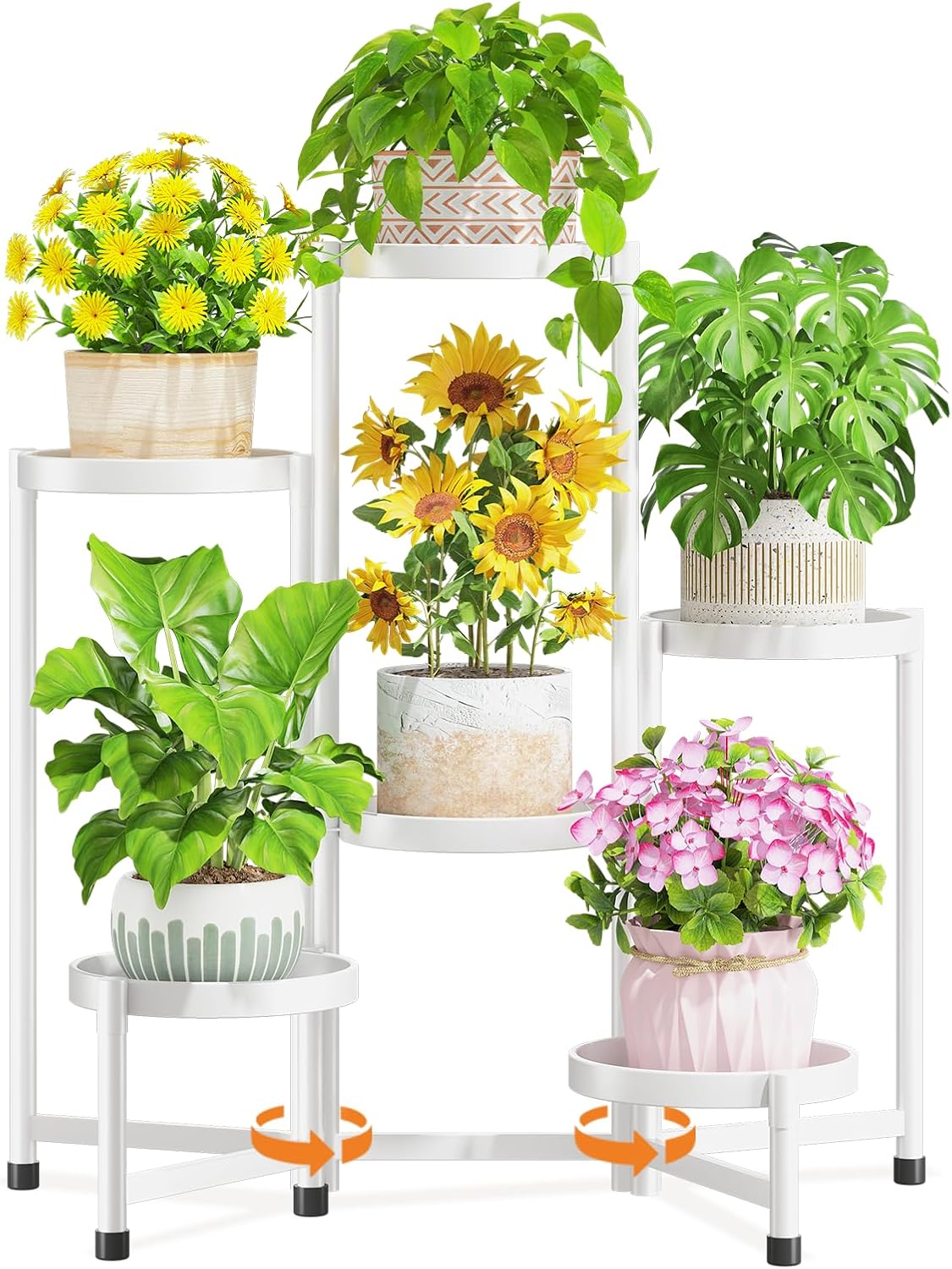 LASZOLA 6 Tiered Folding Plant Stand Indoor for Multiple Large Planter, Tall Heavy Duty Adjustable Rack with Rust Proof 10 Inch Wide Tray, Sturdy Vertical Tree Organizer for Narrow Inside Floor, White