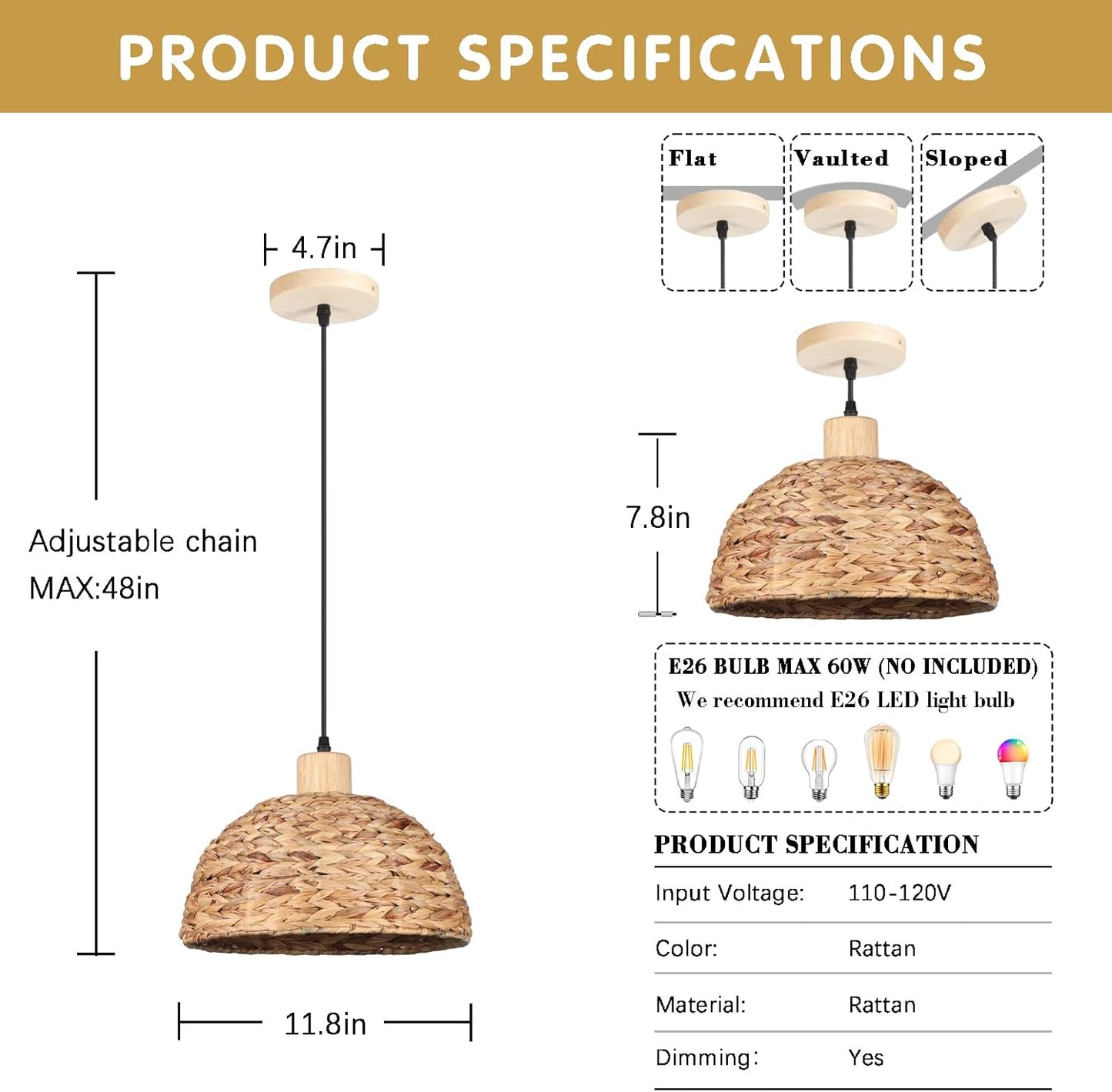 Boho Pendant Lights Kitchen Island, 11.8" Hand-Woven Rattan Light Fixture Bohemian Lighting Farmhouse Seagrass Weaving Hanging Ceiling Light Chandelier for Living Dining Room Restaurants