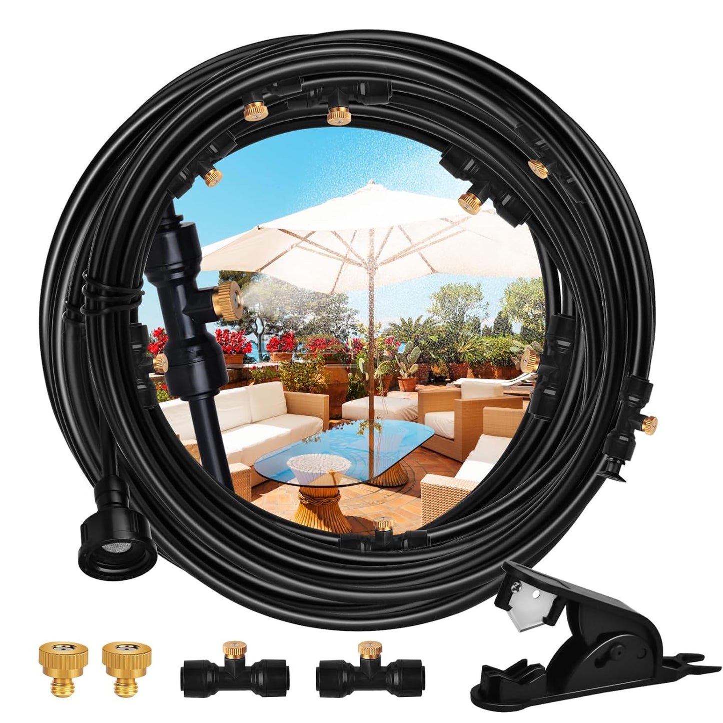 Misters System, 100FT DIY Outdoor Misting Cooling System Comprise +2 PE Adapters3/4+30 Brass Mist Nozzles+2 Tee Adapters+2 90 Degree Elbows, for Garden, Outside Patio Pasture and waterpark