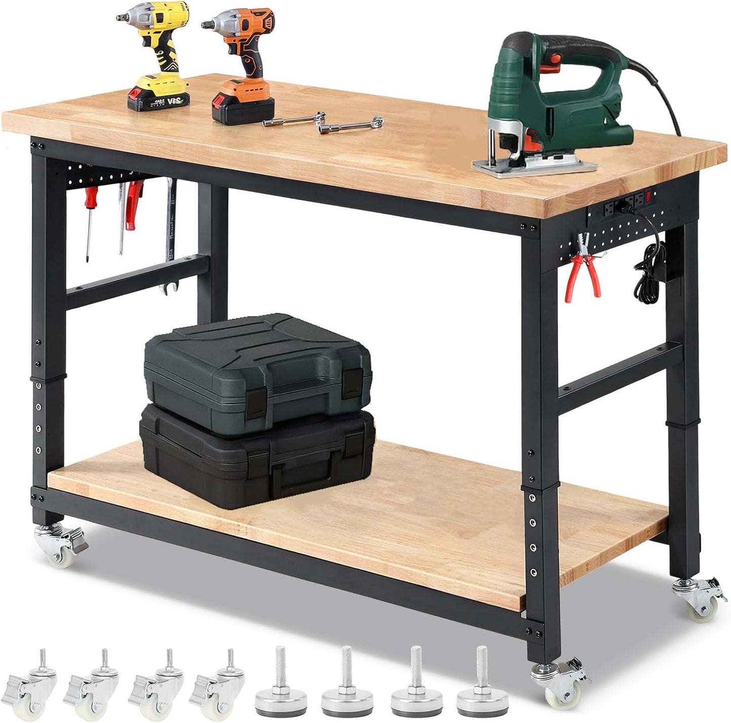 Workbench for Garage with Wheels 60 x 22 Inch Heavy Duty Rubberwood Tabletop Work Table with Under Table Shelf, Pegboard, Power Outlets for Woodworking Shop Home Office
