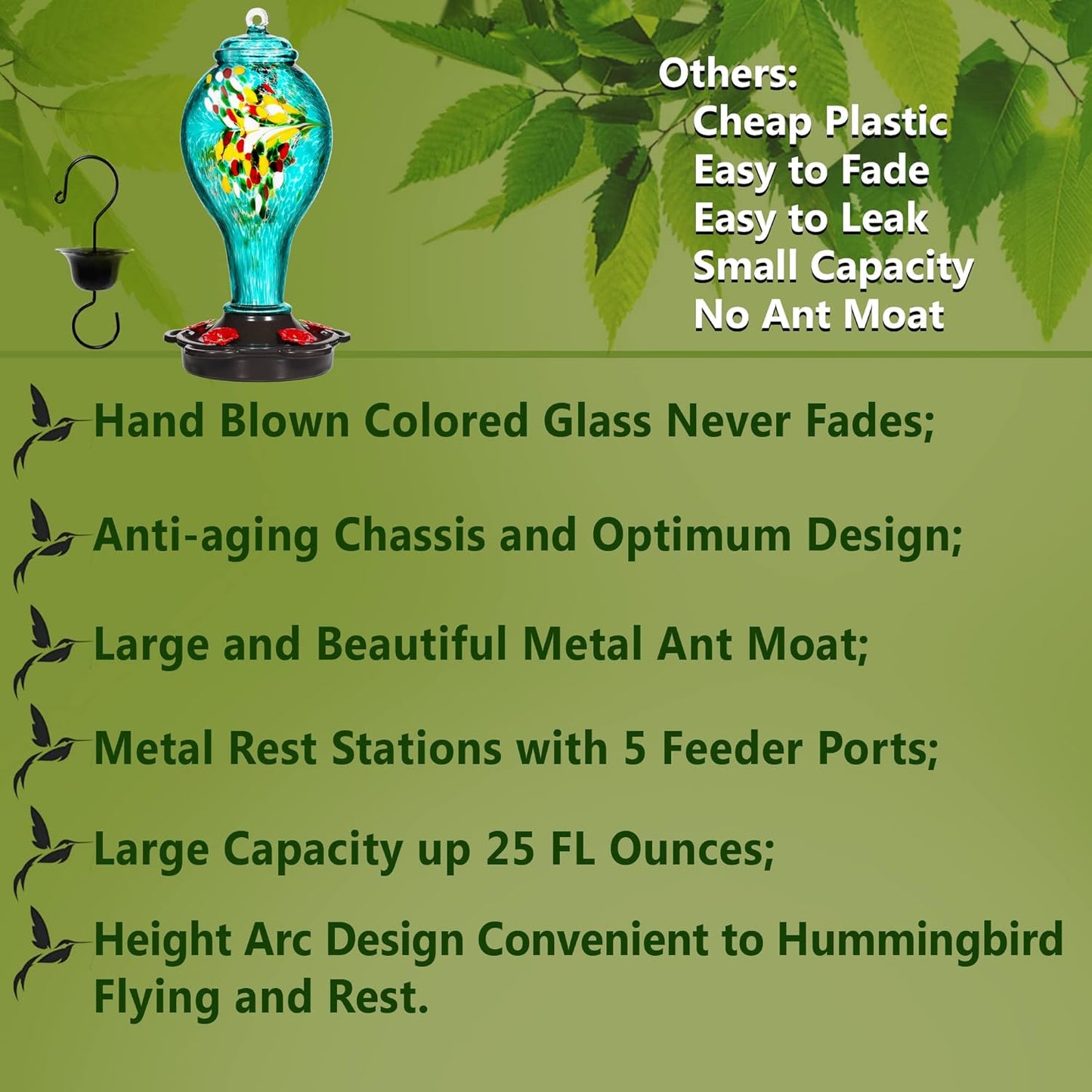 LUJII Hummingbird Feeder for Outdoors, Hand Blown Glass Humming Bird Feeder, Anti Fade Leakproof with 25 Ounces Nectar Capacity, Easy to Install Clean Refill, Include Hook & Ant Moat (Teal)