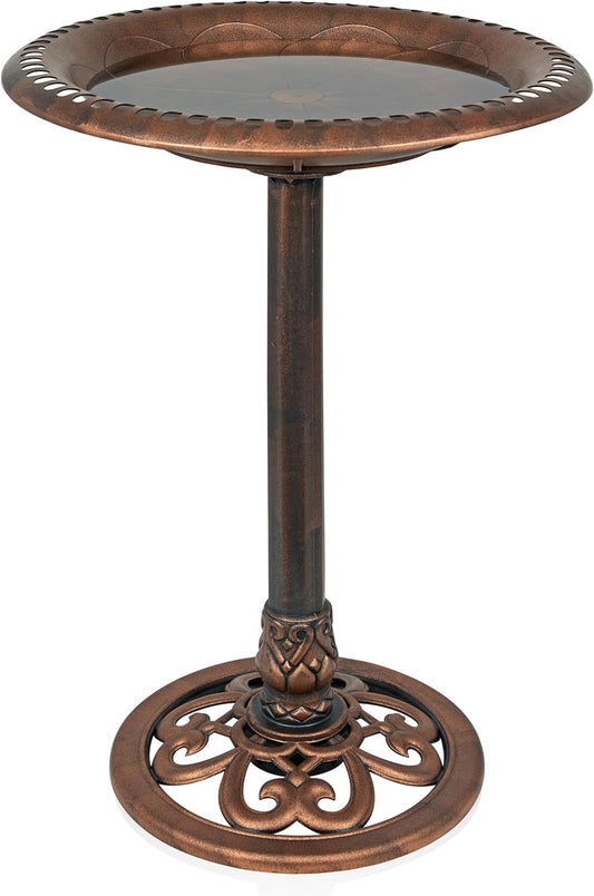 Alpine Corporation TEC116BZ Outdoor Pedestal Birdbath w/Scrollwork Base and Stakes, Elegant Garden Birdbath, 28" H, Bronze