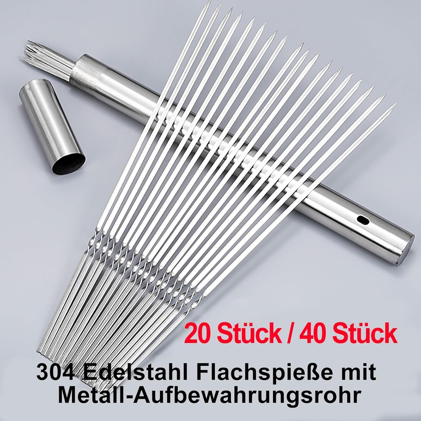 304 Stainless Steel 13.2" Long Flat Barbecue Skewers,20PCS/40PCS BBQ Kebab Skewers with Portable Metal Storage Tube,Reusable for Grilling Barbecue Kitchen Party and Outdoor Cooking (40PCS)